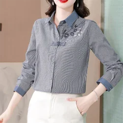 Cotton Linen Shirts Women Blouse Chinese Shirt Plate Buckle Retro Woman  Blous Loose Belly Covering Shirt Embroider Female Blous
