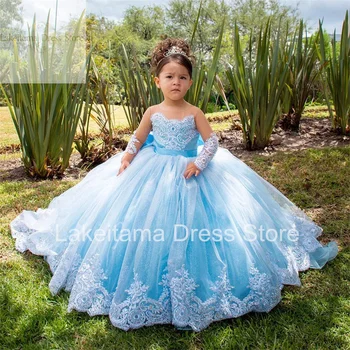 Céu azul criança vestidos da menina de flor tule frisado arco mangas compridas festa casamento aniversário pageant robe santa primeira comunhão vestido
