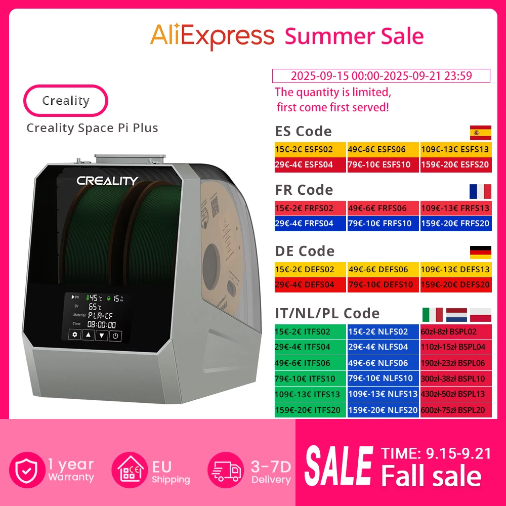 صندوق مجفف خيوط Creality Space Pi Plus للطابعة ثلاثية الأبعاد، سعة لفتان، تسخين بالهواء الساخن PTC 360 درجة، مؤقت 48 ساعة، لمسة LCD