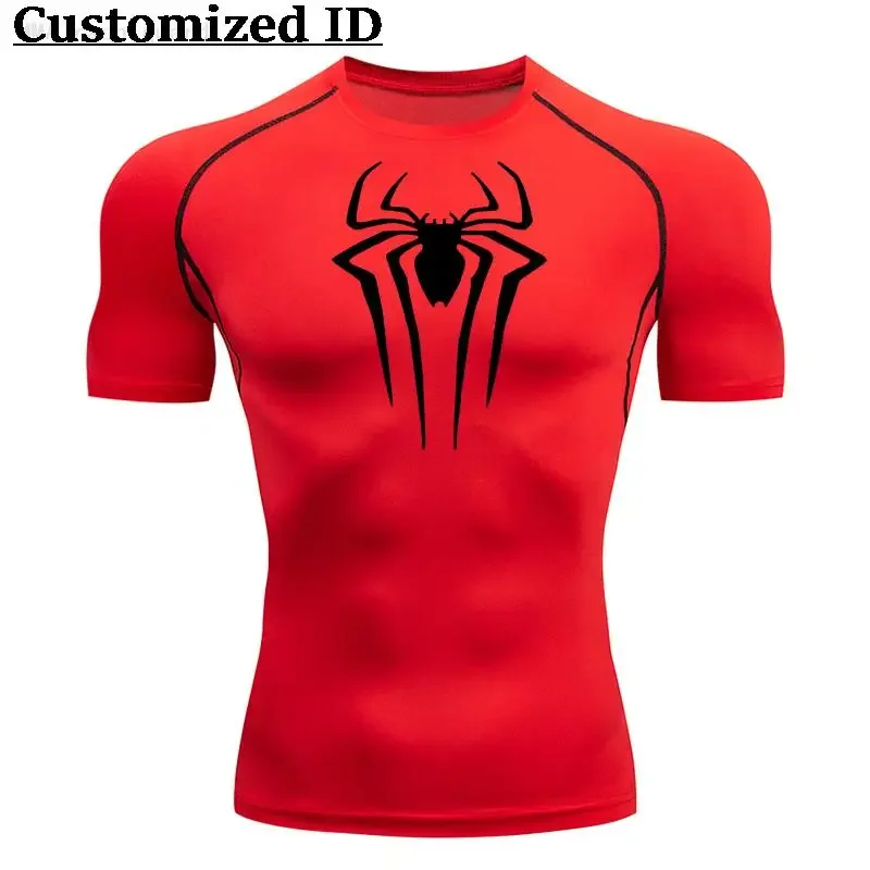 2024 new casual short sleeved men\'s T-shirt summer spider breathable quick drying sports top bodybuilding sportswear tight fitti