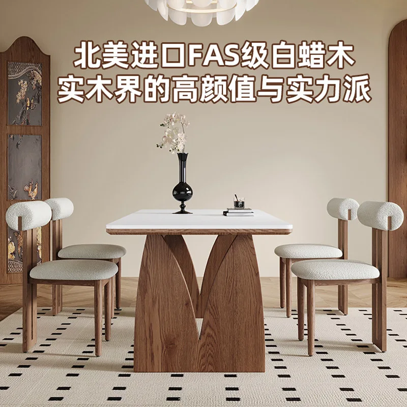 

French retro solid wood rock slab dining table, ancient style, modern simple small apartment household rectangular high-end dini