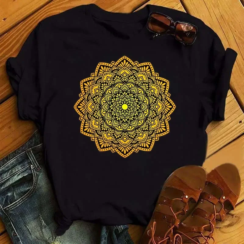 Plus Size Maycaur nowa Mandala koszulka z kwiatowym nadrukiem damska Casual moda T-Shirt z luźna krótka rękawem 90s dziewczyny estetyka Top