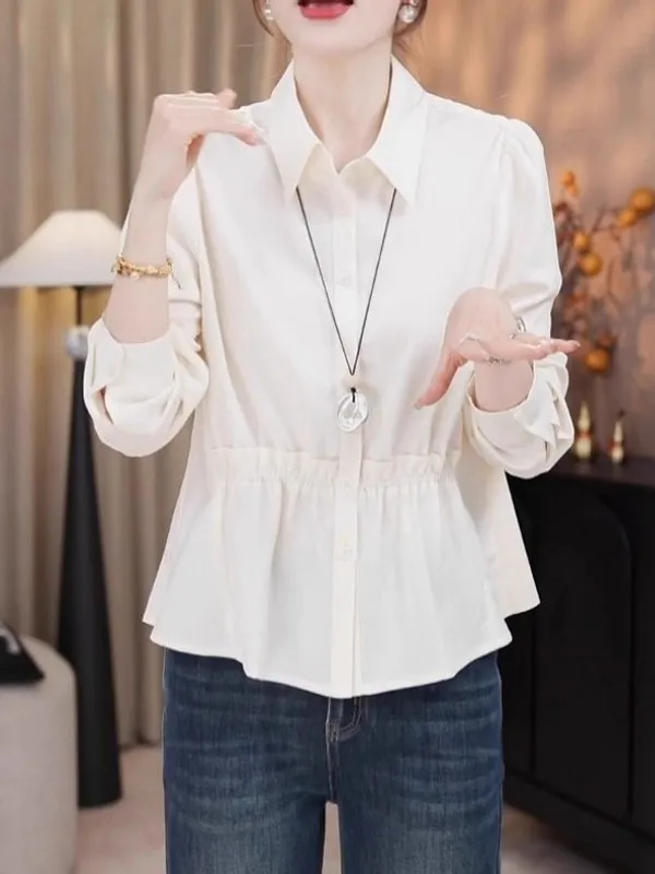 

Ele Long Sve irt Women Spring plus Size Fro Gored Hem Waist Cinched Anti-Aging Top Trendy Commute Sle Korean Ver...