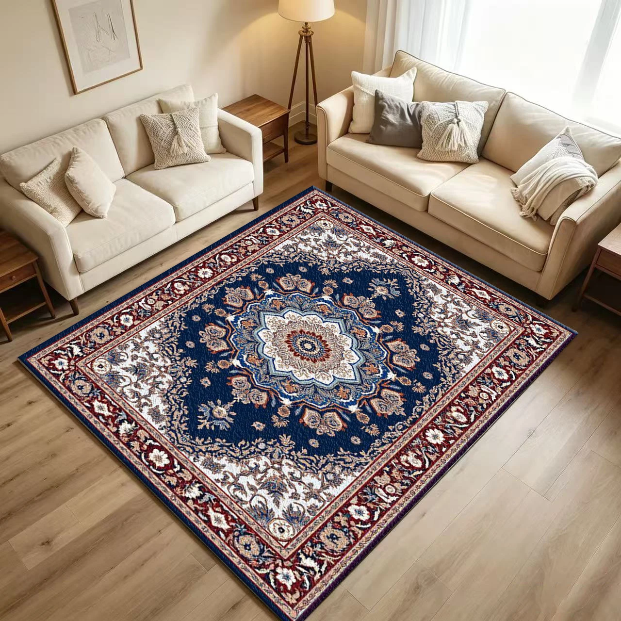 Classic Persian Medallion Carpet Flooring Dark Blue Red White Vintage Floral Ornate Border Printed Floor Rug for Household Living Room Traditional Home Decor
