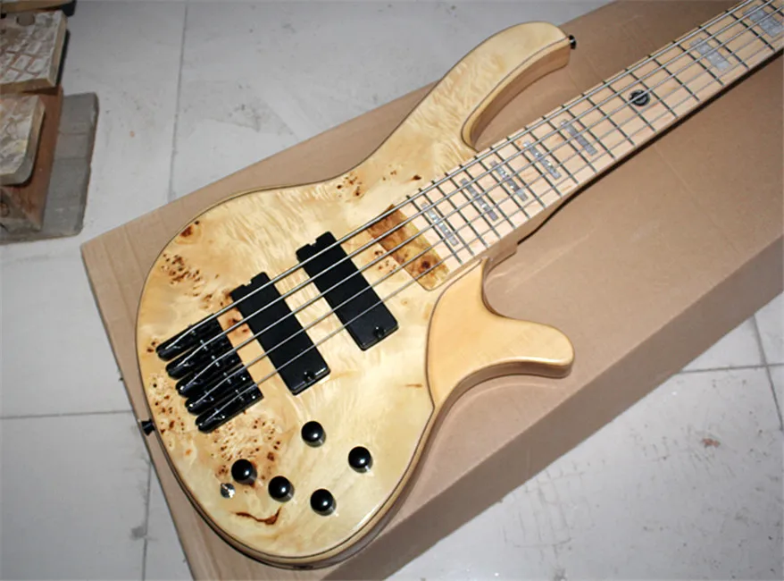 Flyoung 5 Strings Burl Maple Top Electric Bass Guitar with Black Hardware,Offer Customize