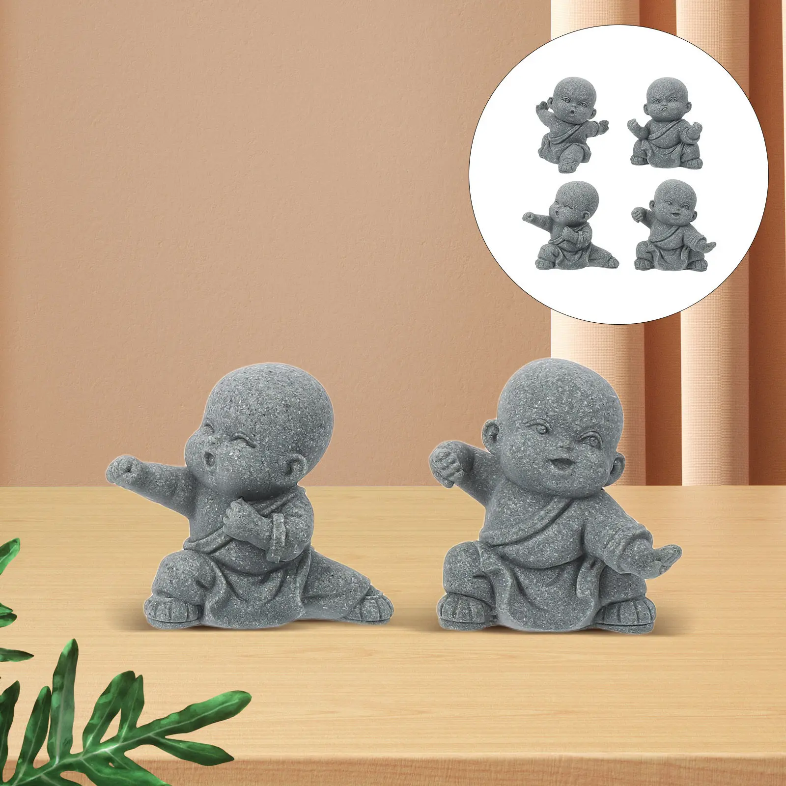 4Pcs Feng Shui Sandstone Baby Buddha Statues Kung Fu Monk Sculpture Desktop Decor Small Statue for Home Bookshelf Car Dashboard