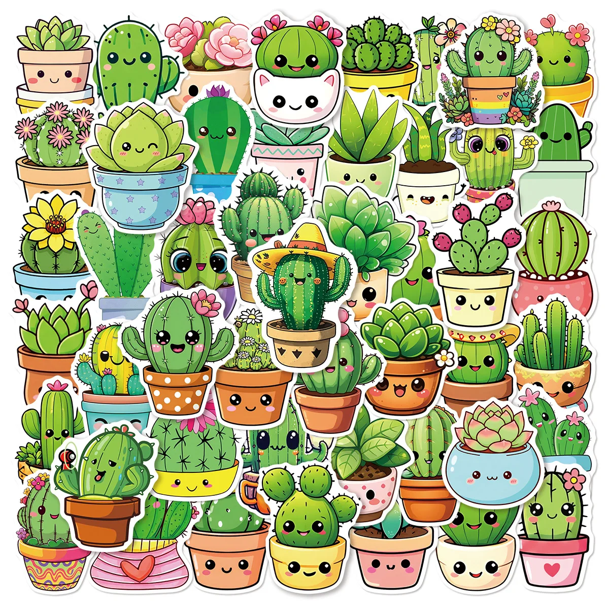 50 autocollants mignons de cactus et de plantes succulentes, imperméables, de style dessin animé, pour téléphone, ordinateur portable, réfrigérateur, guitare, casque, décoration DIY