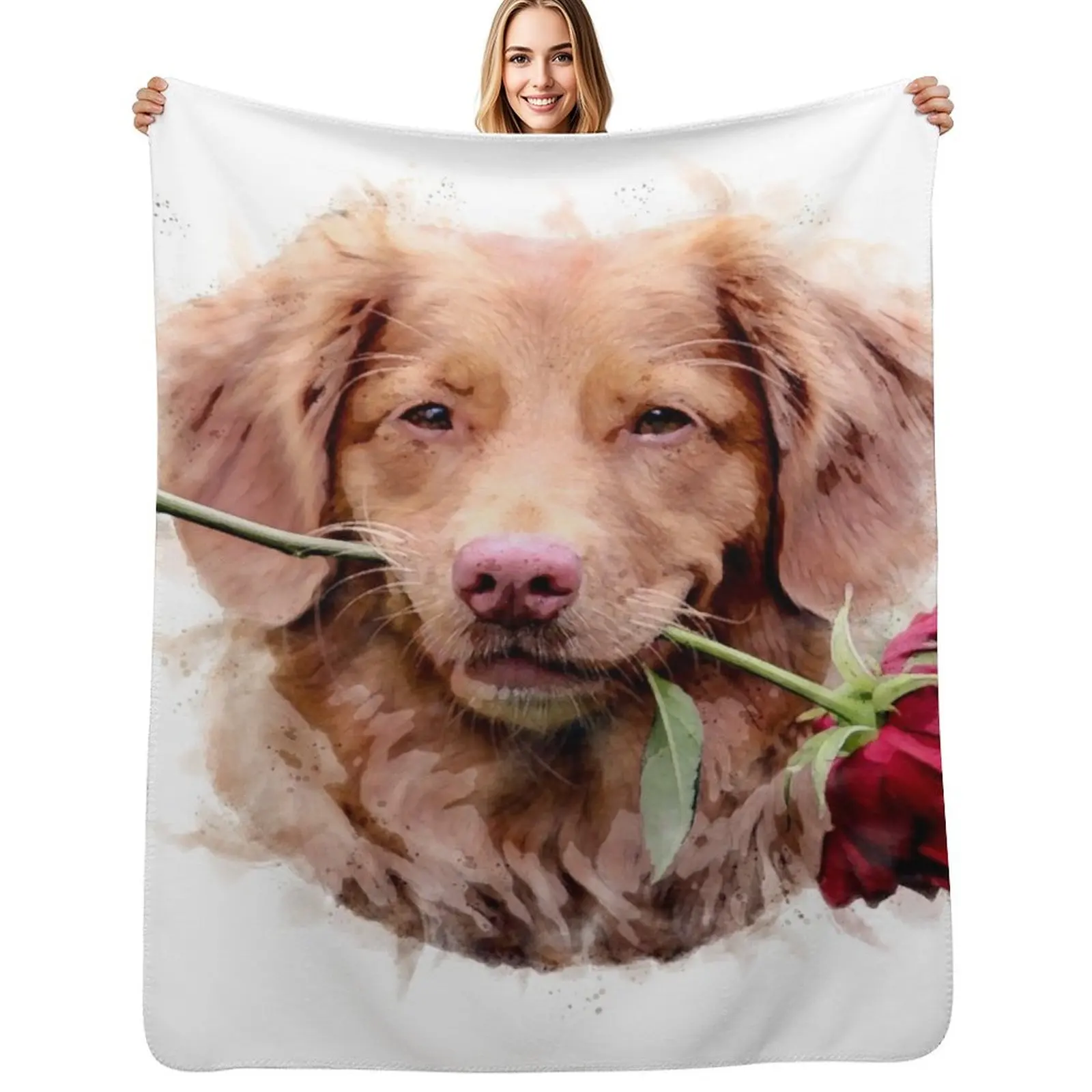 

Nova Scotia Duck Tolling Retriever with rose Watercolour - Happy Valentine’s Day Throw Blanket anime Stuffeds Blankets