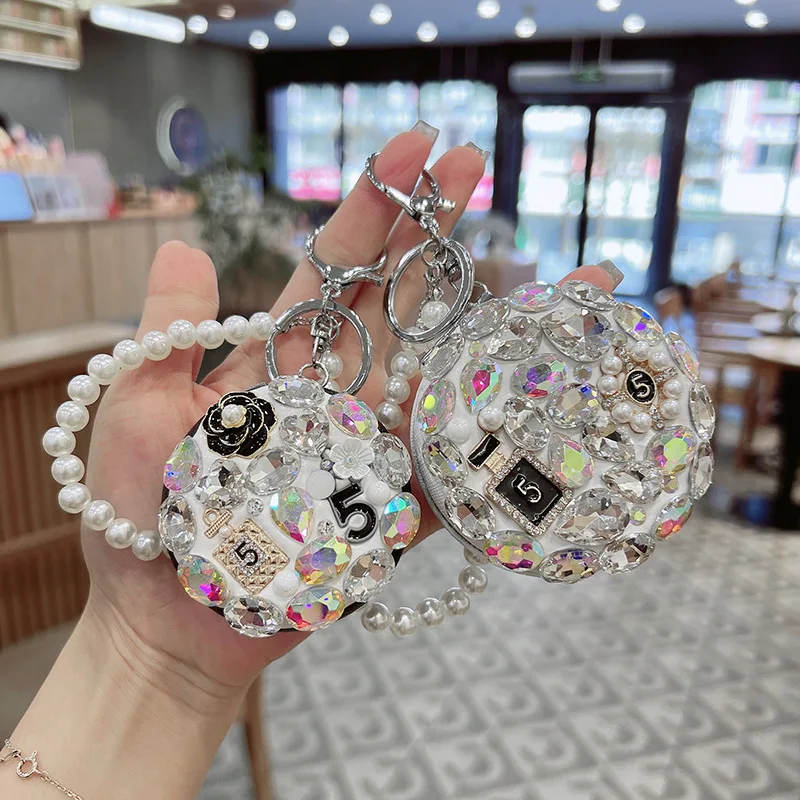 مرآة مكياج بلينغ دايموند ذات وجهين قابلة للطي، مرآة مستديرة محمولة بسلسلة من اللؤلؤ، مرآة جيب للسفر، زجاج زجاجي محمول باليد #1