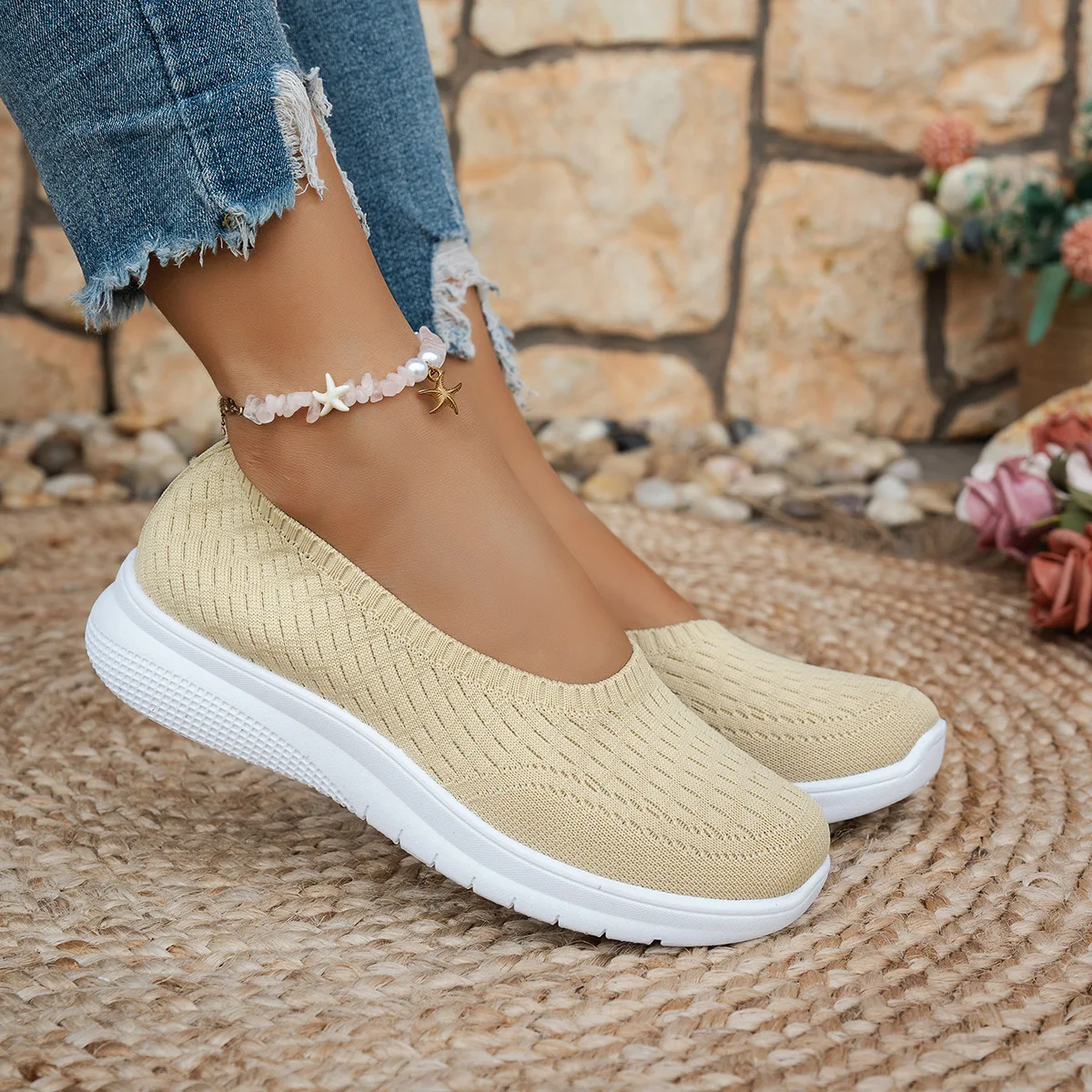 Hohlstrick-Slip-On-Keilsneaker für Damen, atmungsaktiv, rutschfest, weiche Kissensohle, für den täglichen Gebrauch, lässige Mutter-Schuhe – Detail 12
