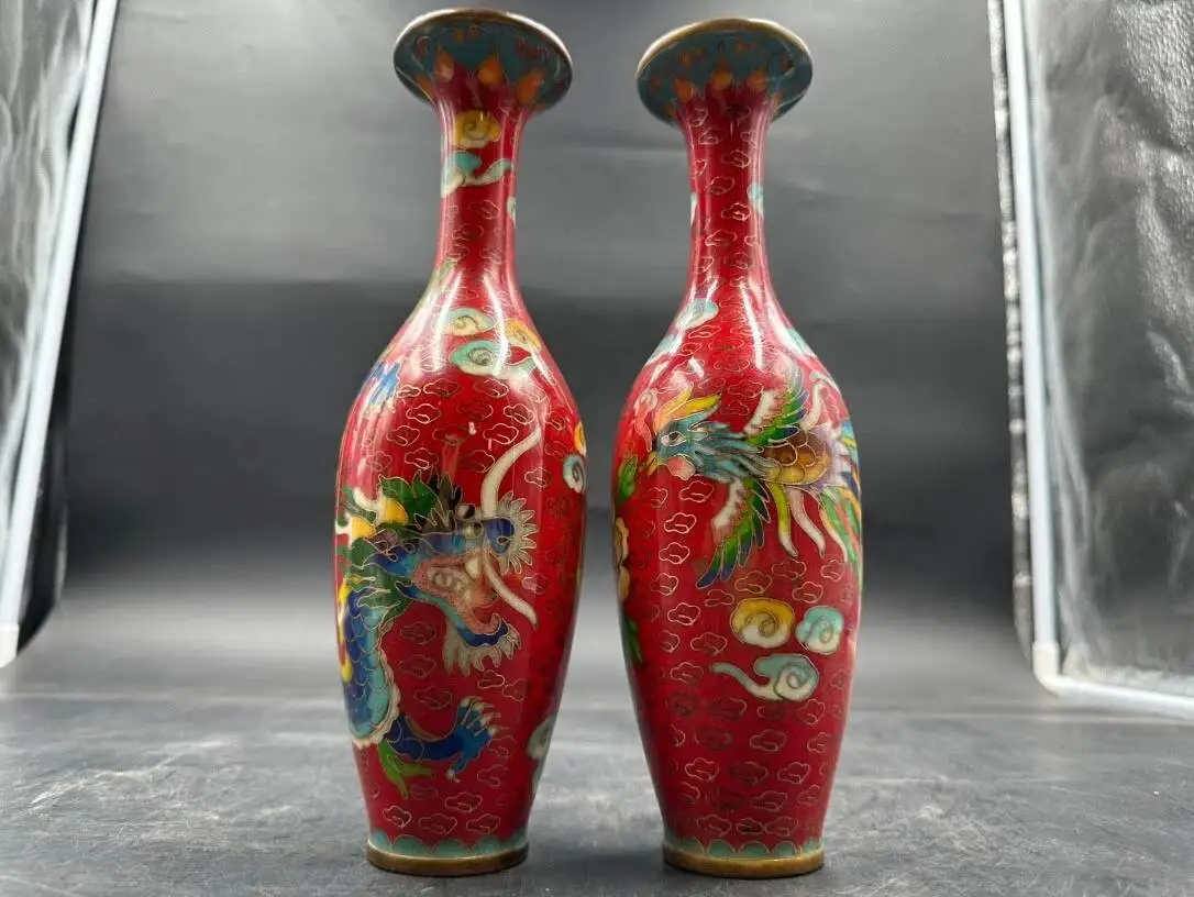 Collect Chinese Cloisonne Enamel Handmade Painted Dragon Phoenix Vase Ornament