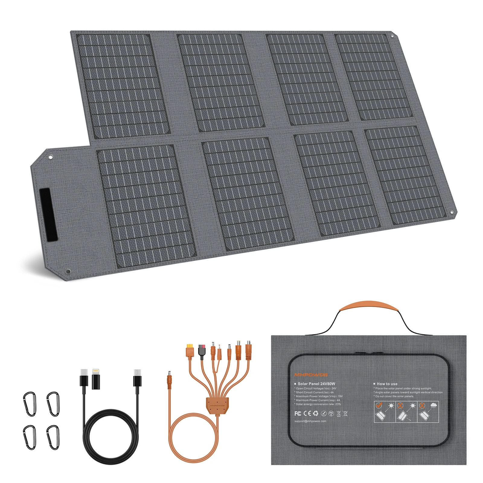 MHPOWOS 80W Foldable Solar Panel Portable Power Supply With 4 Ports (DC/USB-C/2xUSB-A) & 7-in-1 Connector for Emergency Backup