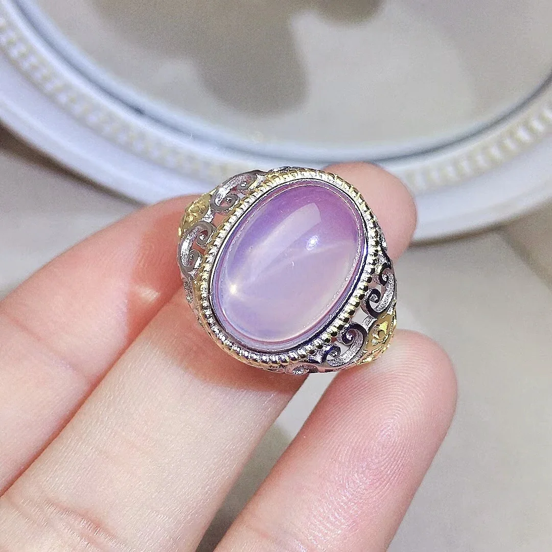 خاتم كوارتز وردي فاخر 10 مللي متر * 14 مللي متر 6ct كوارتز وردي طبيعي 925 خاتم فضة 18K طلاء الذهب مجوهرات كوارتز وردية