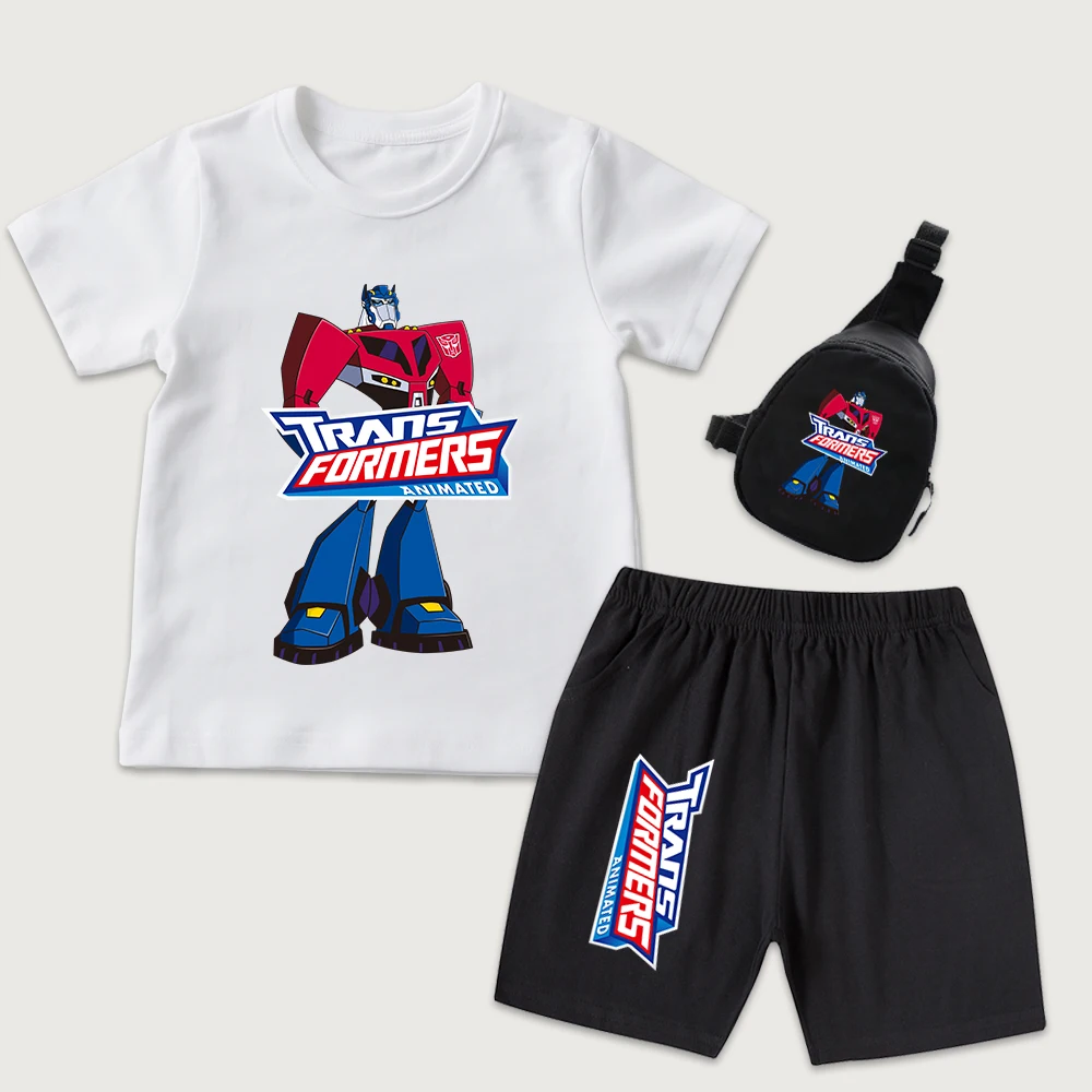 

Детская хлопковая футболка с принтом Transformers Animated Optimus Prime, шорты, мини-сумка на грудь, комплект из 3 предметов для мальчиков и девочек, летняя одежда