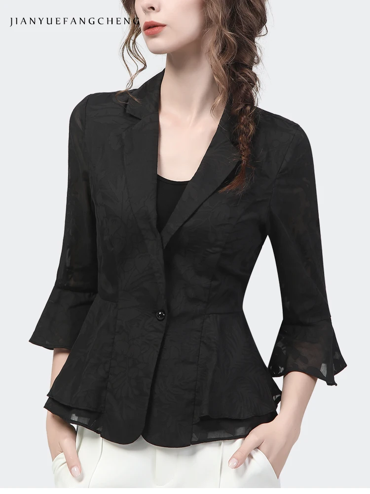 2022 Spring Summer Chiffon Jacquard Women Blazer Elegant Slim Short Thin Coat Single-Button Casual Work Wear Suit Collar Jacket