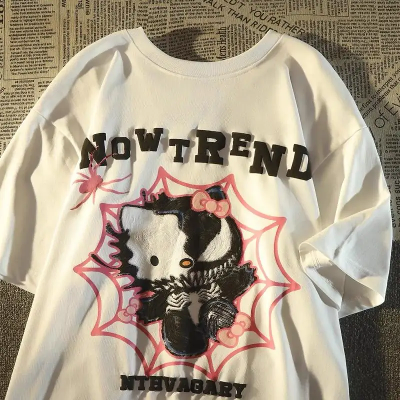 

Hello Kitty Doodle Cartoon Printed Fashionable Short-Sleeved T-Shirts for Men and Women, Trendy High Street Design, Pure Cotton