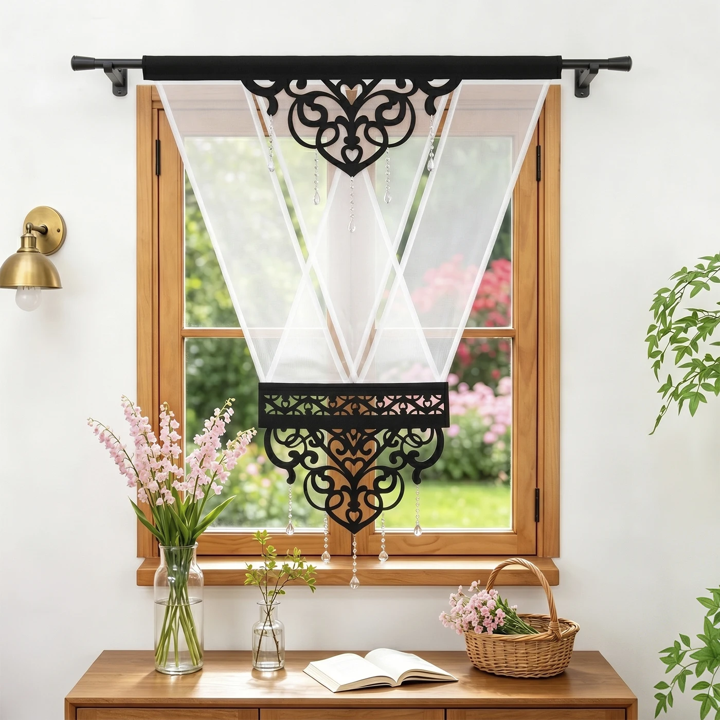 2 Stück Vintage Hohlraum-Perlenvorhang, halbtransparenter, lichtfilternder kurzer Fenstervorhang für das Wohnzimmer, warmes Einweihungsgeschenk