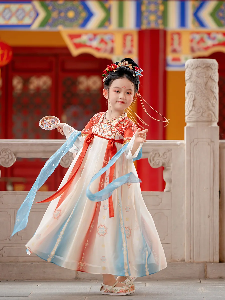 

Осеннее платье Hanfu для девочек, новинка 2024, Детский костюм Тан в китайском стиле, куртка и платье в старинном стиле для маленьких девочек