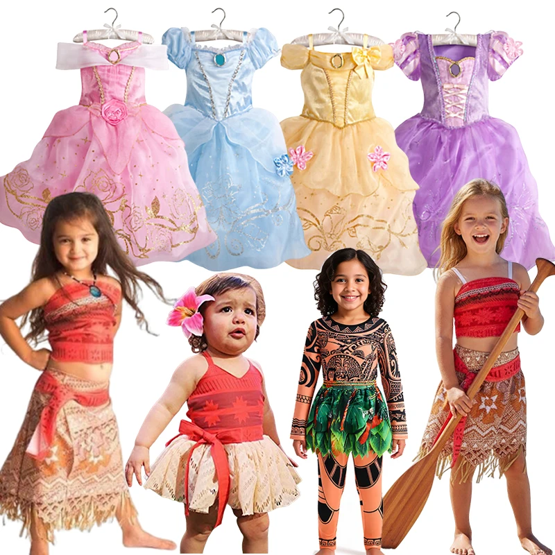 Girls Cosplay Ocean Adventure Moana Dress Children Rapuzen Aurora Princess Carnival Kids Belle Flower Disguise Halloween Costume