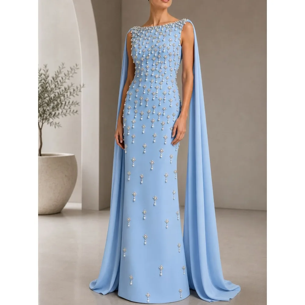 Customized Exquisite Evening Dresses Pearls Crystal Luxury Party Dress Cape Sleeve Beaded Long Prom Gowns for Women 2026 Bespoke