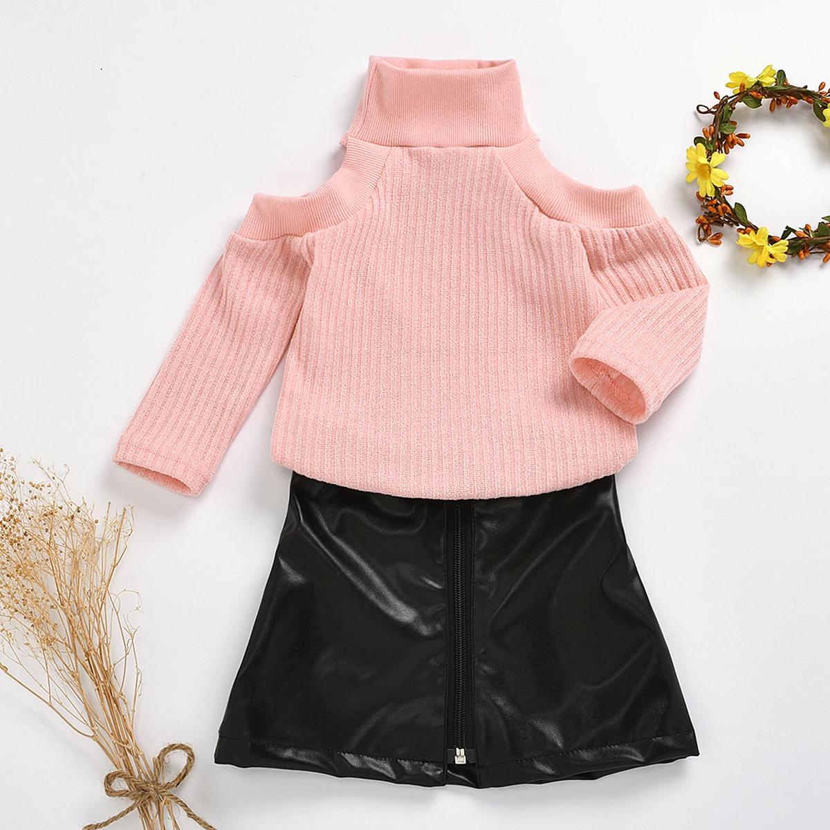 2PC autumn and winter season girls pink strapless long sleeve pullover jumper with short leather skirt