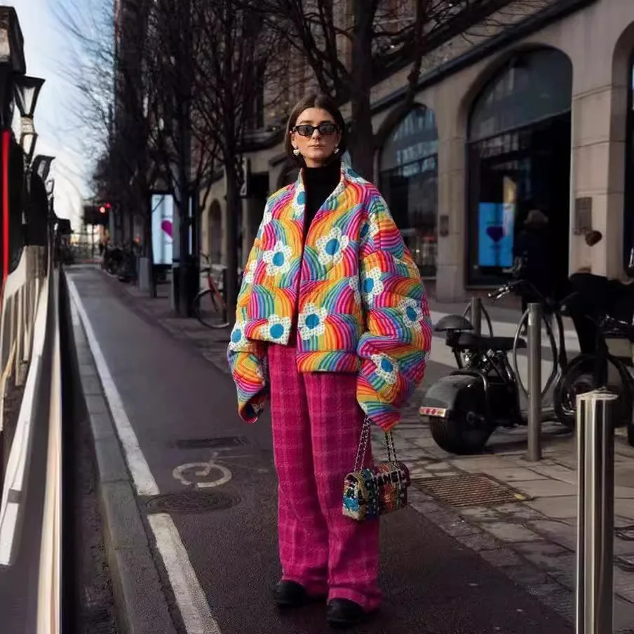 New Autumn and Winter Rainbow Flower Fashionable Cotton Jacket for Women Warm Cardigan