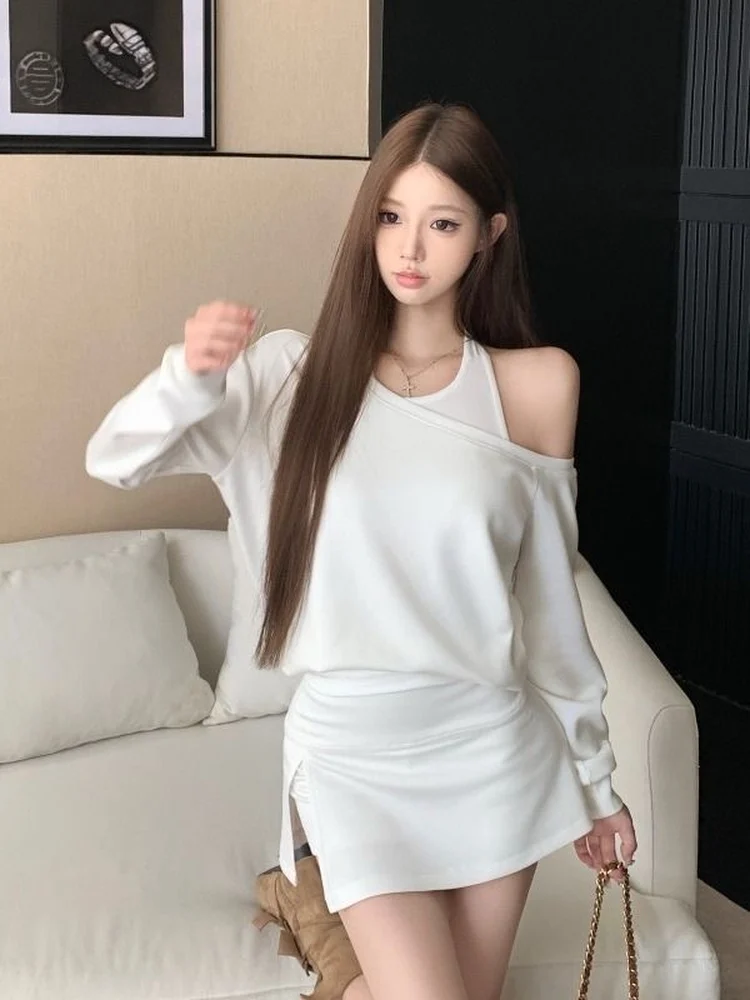 KING BRAND Anti-Aging oulder-Bared Long Sve Sweatirt Design Split Tight-Fit f Skirt Women's Autumn Set Casual Chic view 4