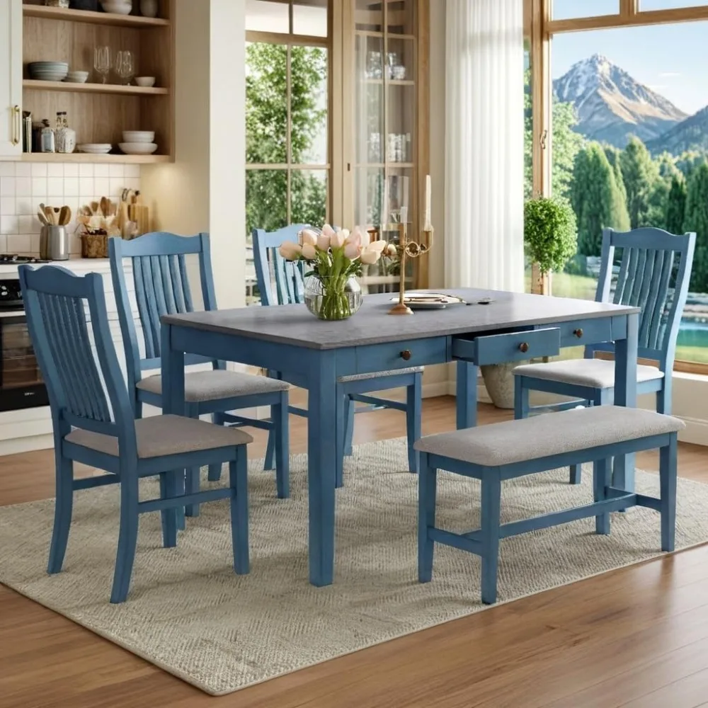 

6 Piece Solid Wood Dining Table Set, Farmhouse Kitchen Table Set with 4 Upholstered Chairs, Bench and Storage Drawers
