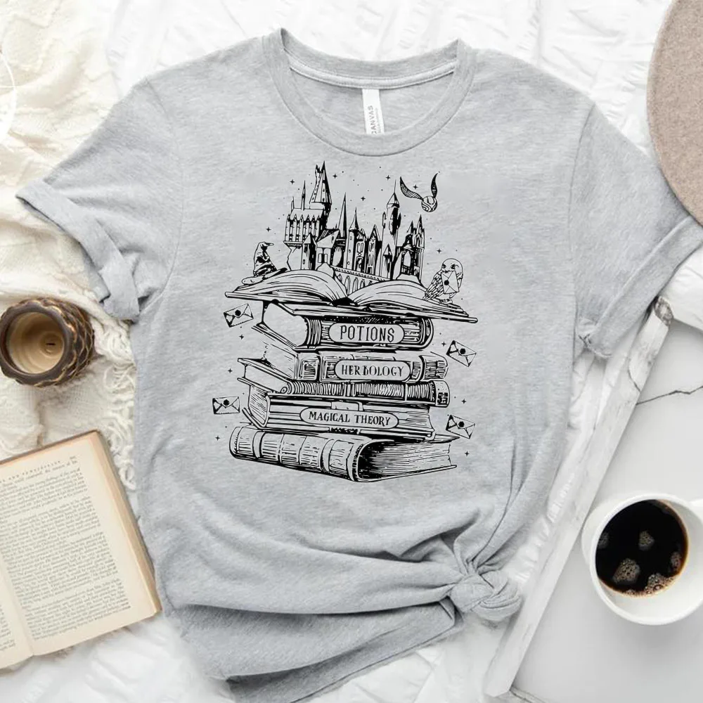 Fun Magic Castle Shirt Printed T Shirt Short Brown T-Shirts Women's T Shirts  Nerd T-Shirt Gift for Readers Blusas Mujer De Moda