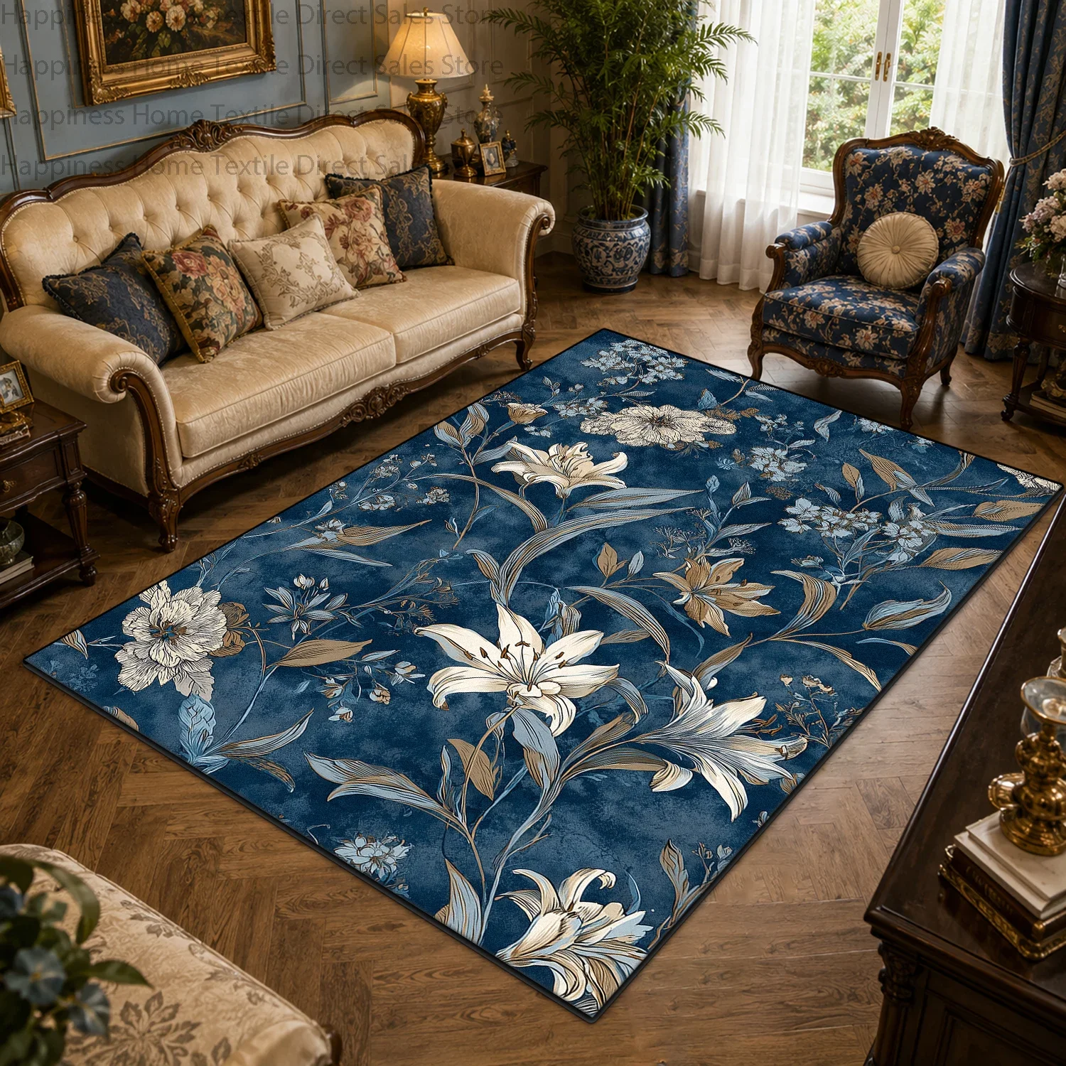Blue European Retro Floral Large Living Room Rug Non-slip Washable Bedroom Home Decoration Carpet Soft Fluffy Study Floor Mats