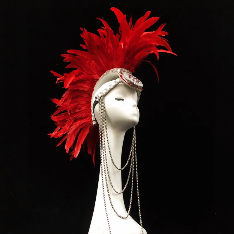 Tocado de cresta de gallo de plumas rojas exageradas, accesorios para el escenario, tocado de diamantes de imitación, adorno para espectáculo de bailarina para hombres y mujeres