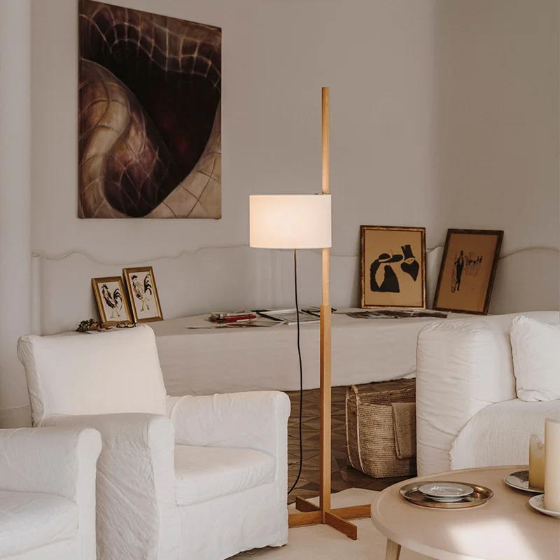 Japanese Floor Lamp Designer Fabric Liftable Adjustable Floor Lamp Retro Wooden Floor Lamps Living Room Salon Reading Floor Lamp