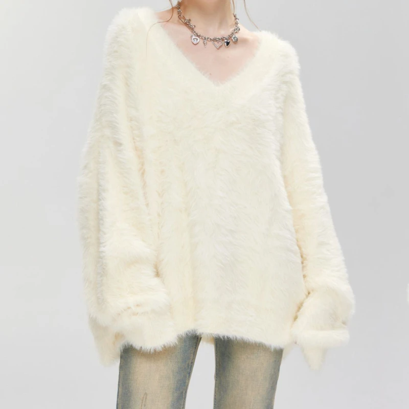 

2025 Autumn & Winter New Arrival: Thickened Loose Comfortable Soft V-Neck Knit Sweater Mink Fur Blouse for Women