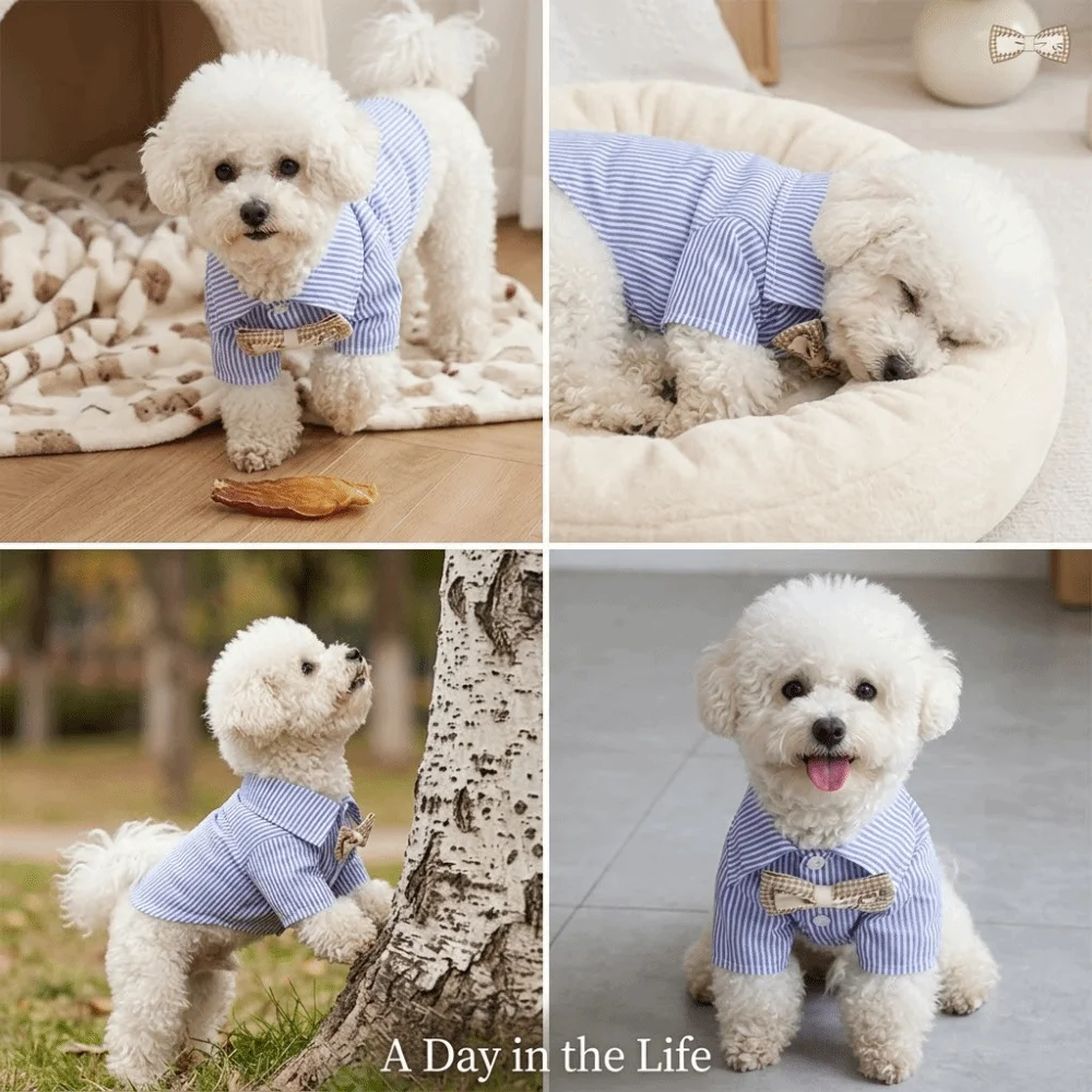 Striped Pattern Pet Clothes Bow Tie Style Thin Lightweight Dog Shirt Multi Size Fit Breathable Soft Pet Wear Seasonal Wear