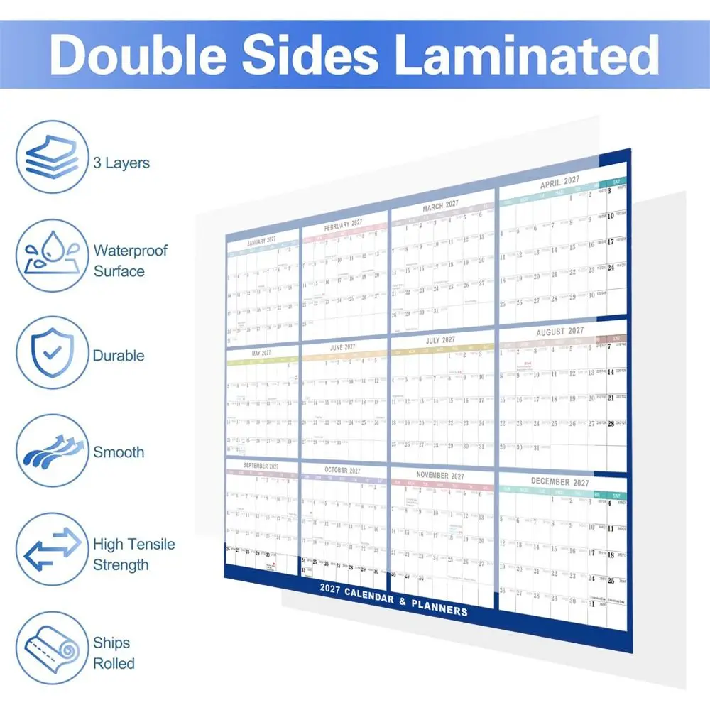Jan. 2027 - Dec. 2027 Yearly English Planner Calendar Double-sided Writable 12 Month Planner Wet & Dry Erasable Reversible