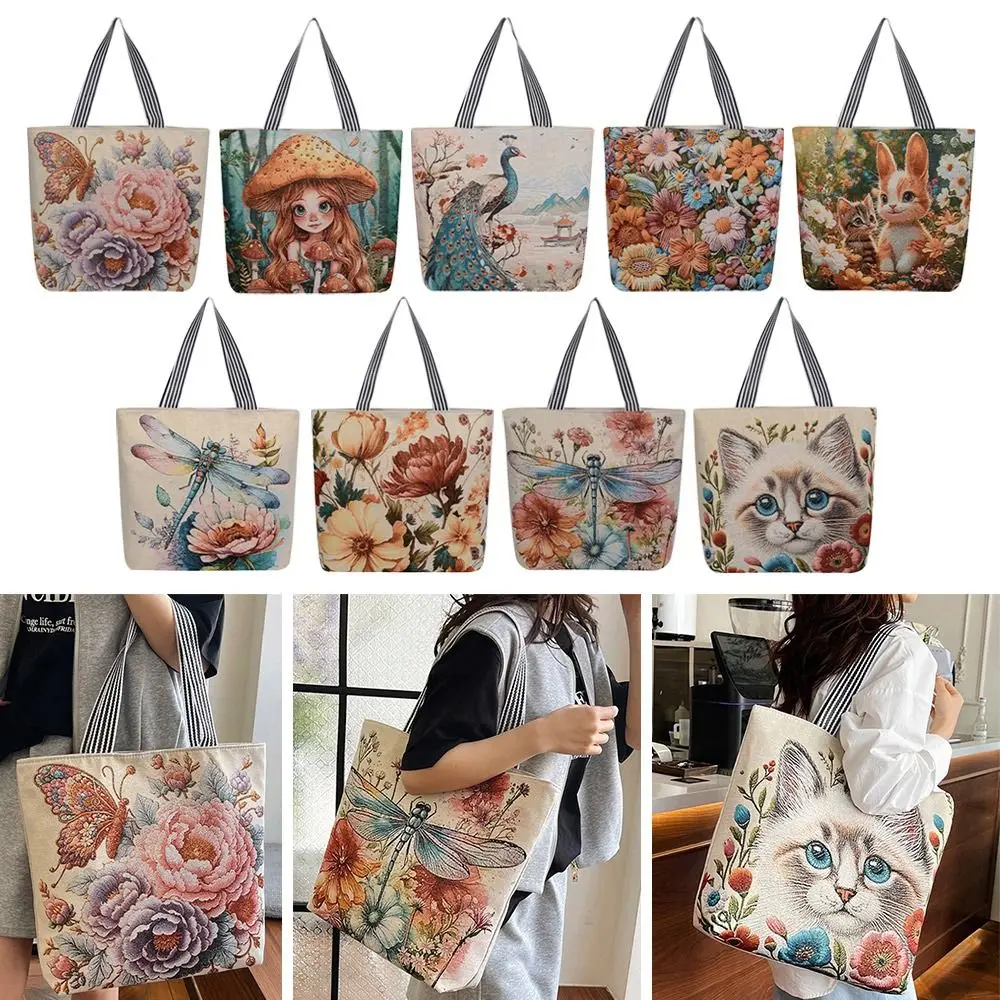 

Simple Casual Fashionable Printed Canvas Shoulder Bag Large Capacity Cute Cartoon Underarm Handbag Reusable Grocery Totes Bags