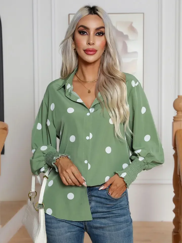 Green Shirt Women Vintage Polka Dot Print Blouse Female Spring Lantern Sleeve Tops Ladies Elegant Casual Single Breasted Blusas