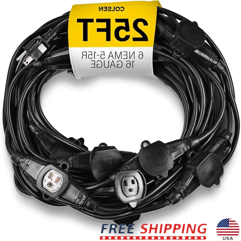 

Прочный удлинитель длиной 25 футов, 6 розеток, мульти-вилка, 16AWG, 15 А, силовой кабель для использования в помещении и на открытом воздухе со светодиодным индикатором безопасности