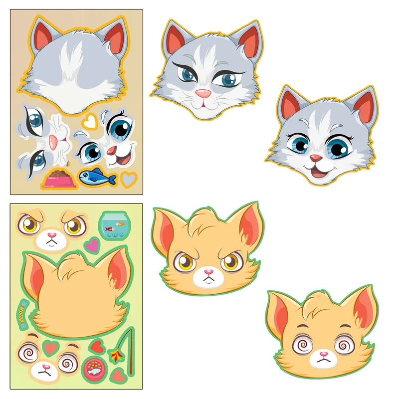 6-24Sheet Make Your Own Cats Stickers Kids DIY Make-A-Face Sticker Party Games School Activity Reward Puzzle Jigsaw Children Toy