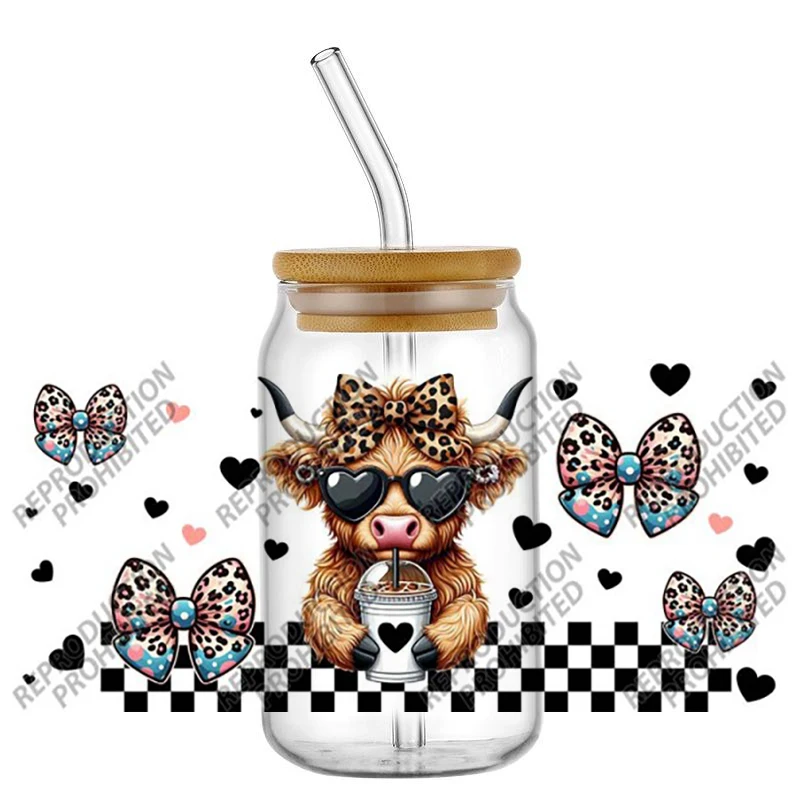 

High Quality 3D Fashion Coffee Highland Cattle‌ Series Design Transfer Sticker DIY 16oz Libbey Glasses Cartoon UV DTF Cup Wrap