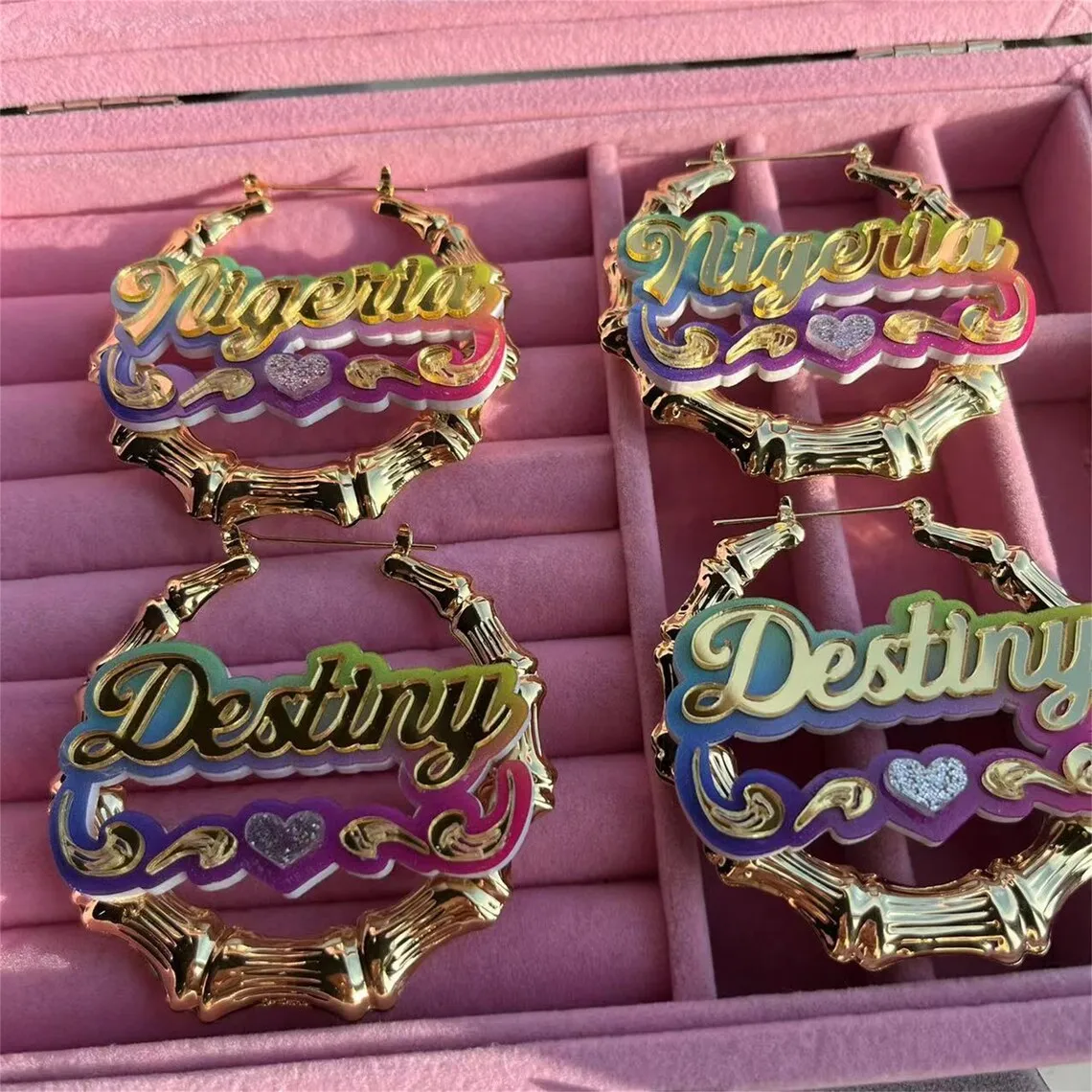 Custom Colorful Earrings Personalized Acrylic Name Bamboo Earrings Women's Custom Rainbow Name Hoop Earrings Jewelry For Women