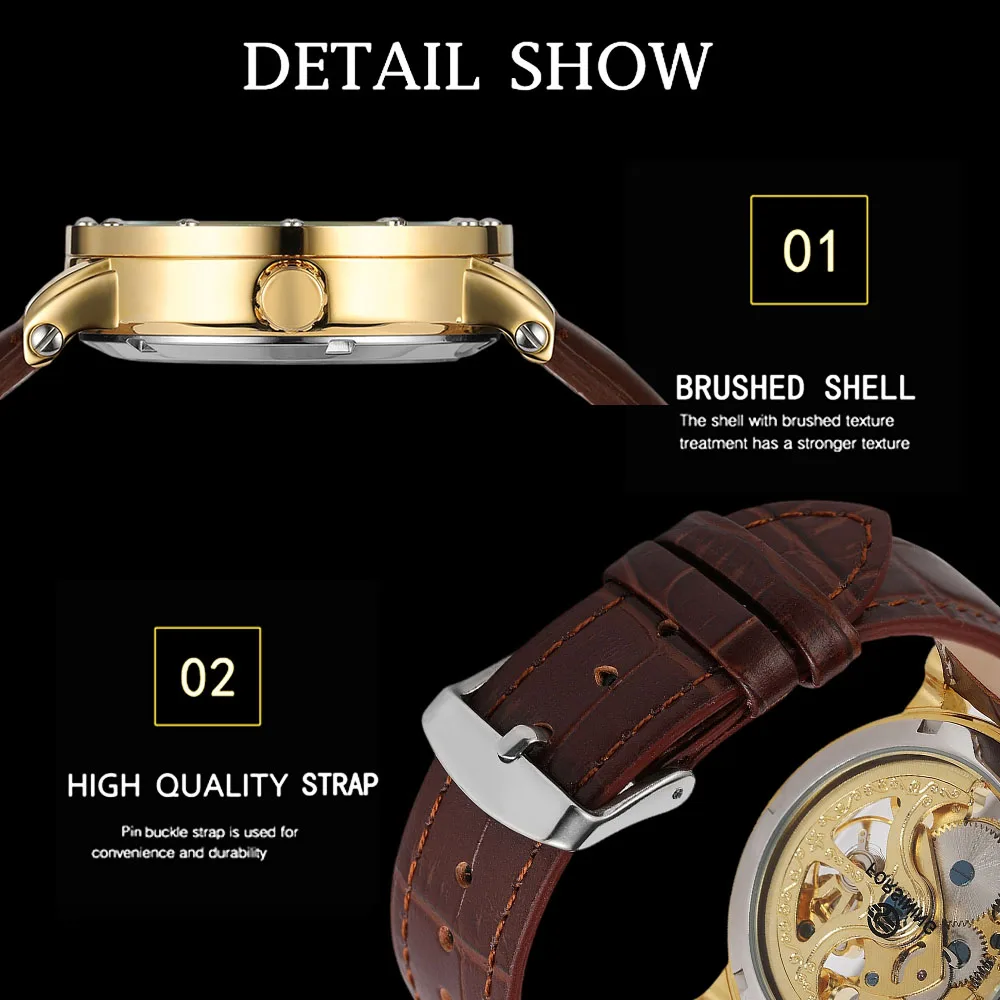 FORSINING Trendy Classic Mens Watches Engraving Automatic Mechanical Rivet Inlay Case Leather Strap Luxury Business Wristwatches