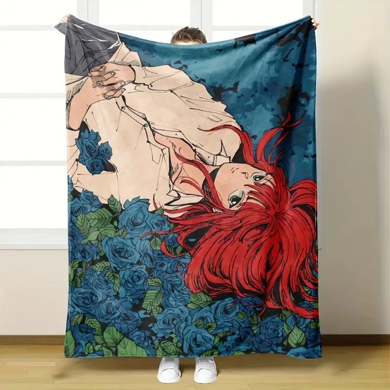 1pc Anime Blanket - Ultra-Soft Plush Flannel Throw with Red-Haired Anime Girl & Blue Roses, All-Season Warmth for Bed, Sofa