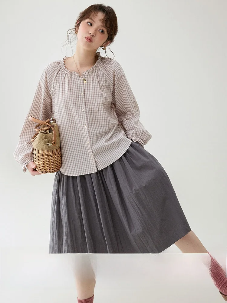 

Original Pure Cotton Shirt Women's Spring New Style V-neck Lace Shoulder Insertion Plaid Top Breathable Comfortable Korean Style