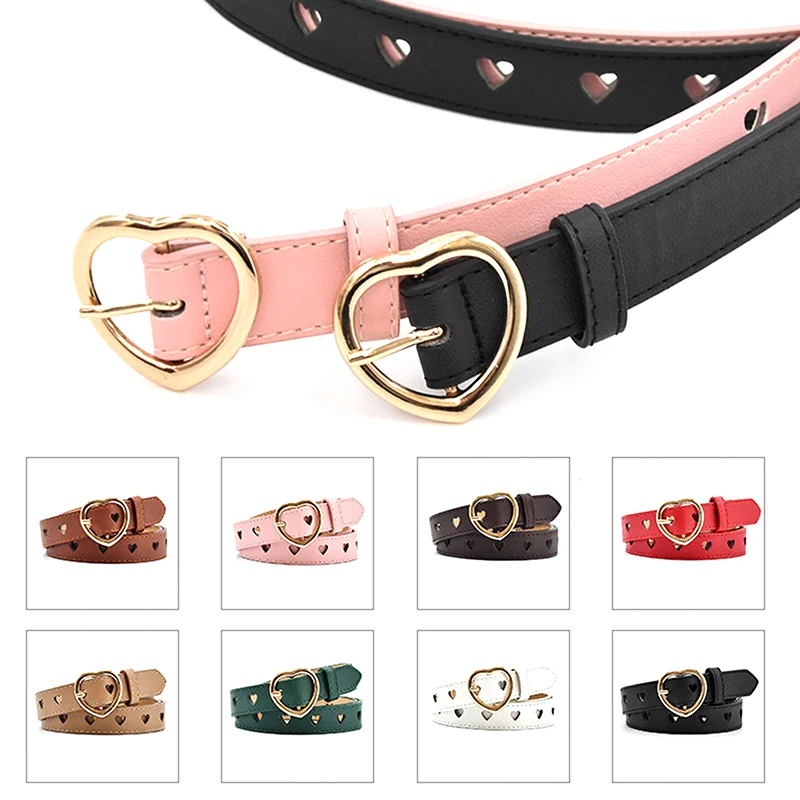 1PC Fashion Youth High-grade PU Hollow Women's Dress Belt Versatile Children's Peach Heart-shaped Pin Buckle Belt