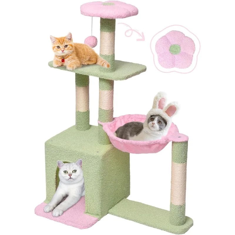 37-inch Cute Cat Tree Tower Scratching Post and Flower Resting Platform, Kitten Tree Suitable for Small To Medium Sized Cats