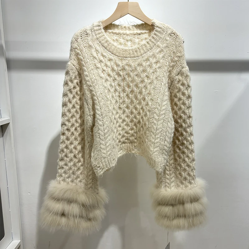 Women Autumn Hole Style Design Real Fur Sweater Thick Grey Natural Fox Fur Cuff Female Knitted Wear