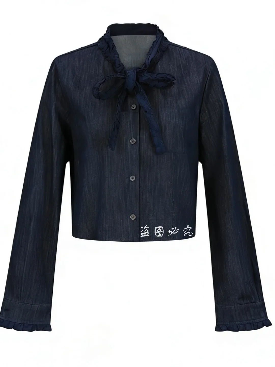 

URCACHE Spring New Vintage Style Women's Denim Shirt with Bow Tie Short Sleeve Long Sleeve Wood Grain Straight Cut Top