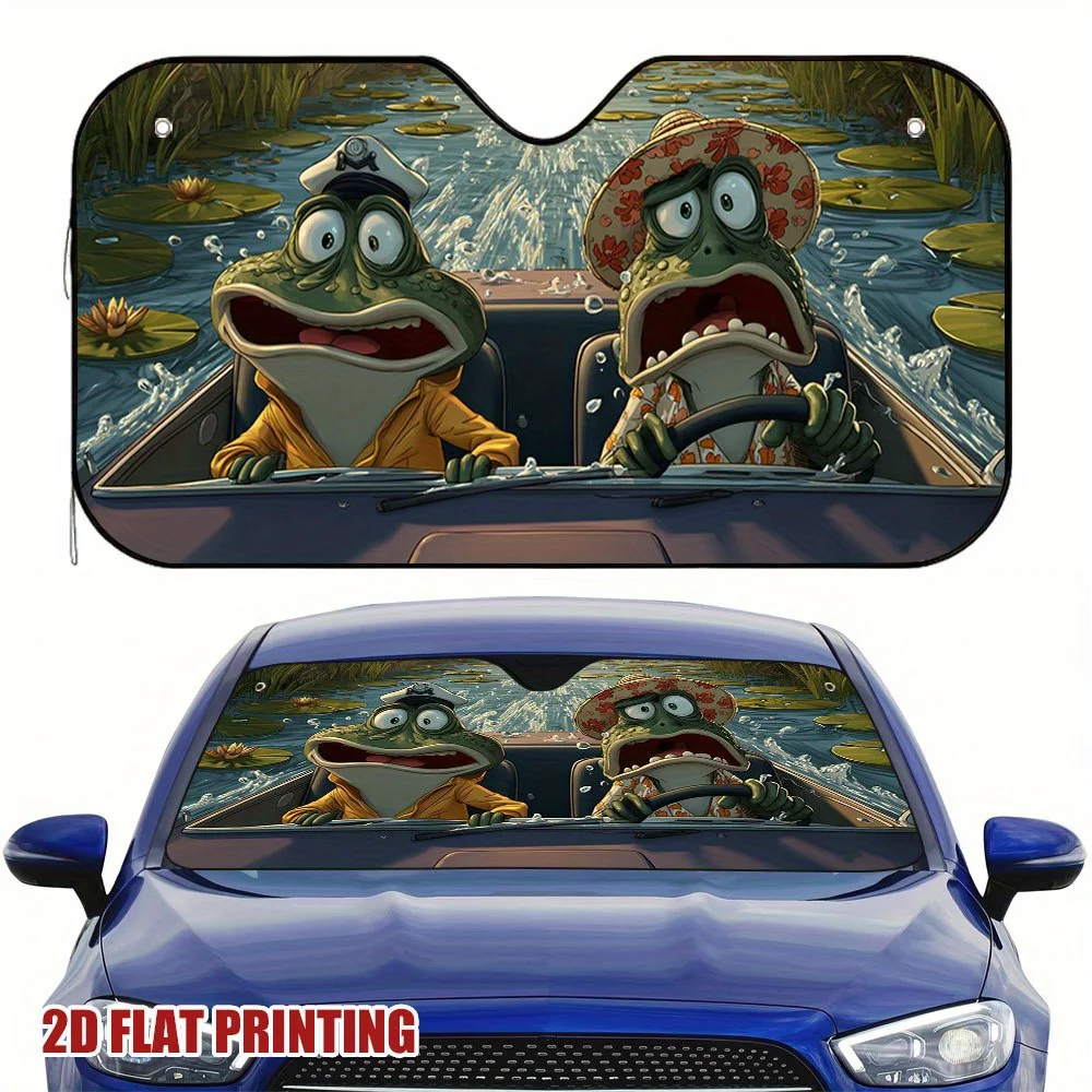 

1pc Frog Couple On Boat Sun Shade - Creative UV Protection Car Accessory With Vibrant Frog Design, Fit For All Vehicles, Stylish