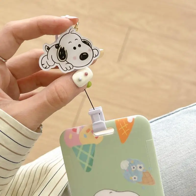 Kawaii Peanuts Snoopy Card Holders Keychain Pendant Id Card Door Badge Card Case Sliding Telescopic Anti-Loss Cartoon Girls Gift